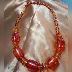 Confetti Lucite Amber Cylinder & Variety Bead Necklace, Silver Tone 26"